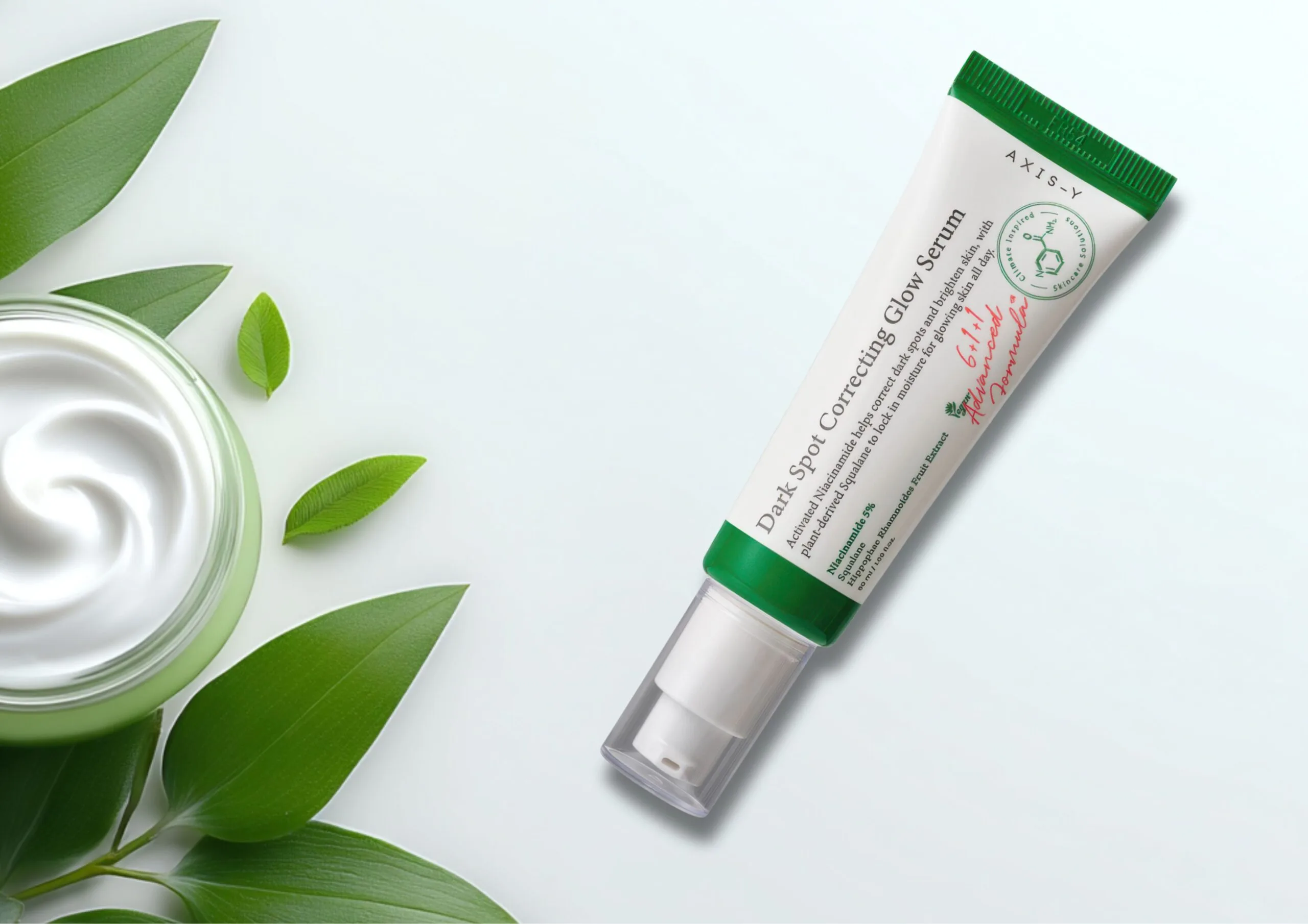 Axis-Y Dark Spot Correcting Glow Serum bottle on a cream-coloured background, showing the niacinamide and squalane formulation for hyperpigmentation on mature skin